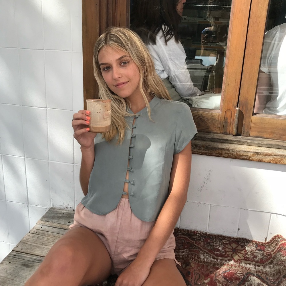 Blue button down top